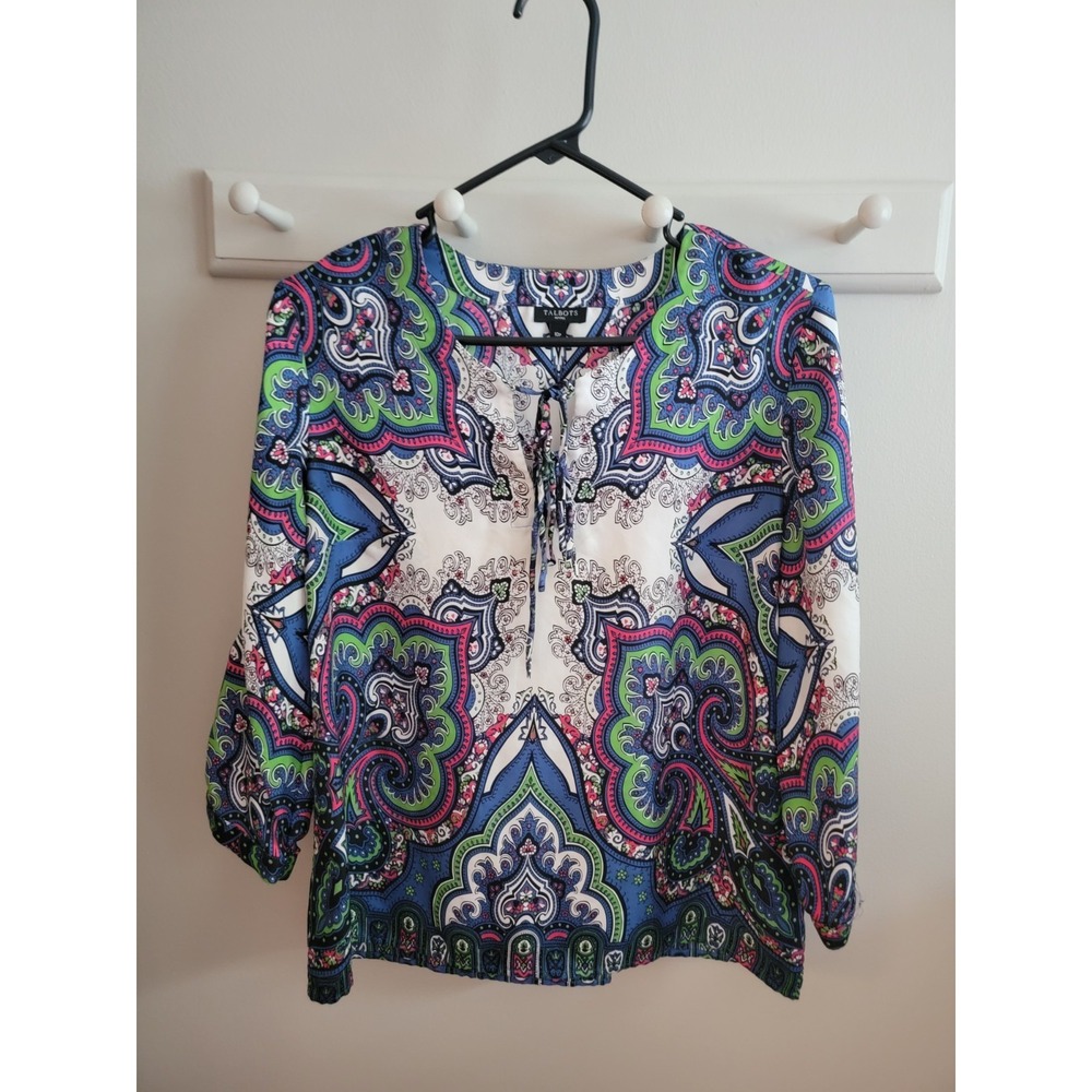 Talbots 10P 100% Silk Blouse Paisley Pattern 3/4 Sleeve Classic *Flaw With Seam